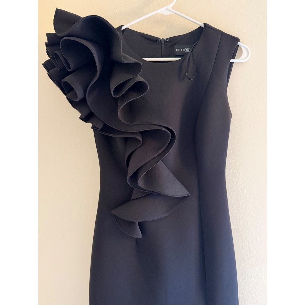 Betsy & Adam Black Scuba Ruffle Shoulder Maxi Dress Side Slit Size 2 Formal Gown - Picture 2 of 9